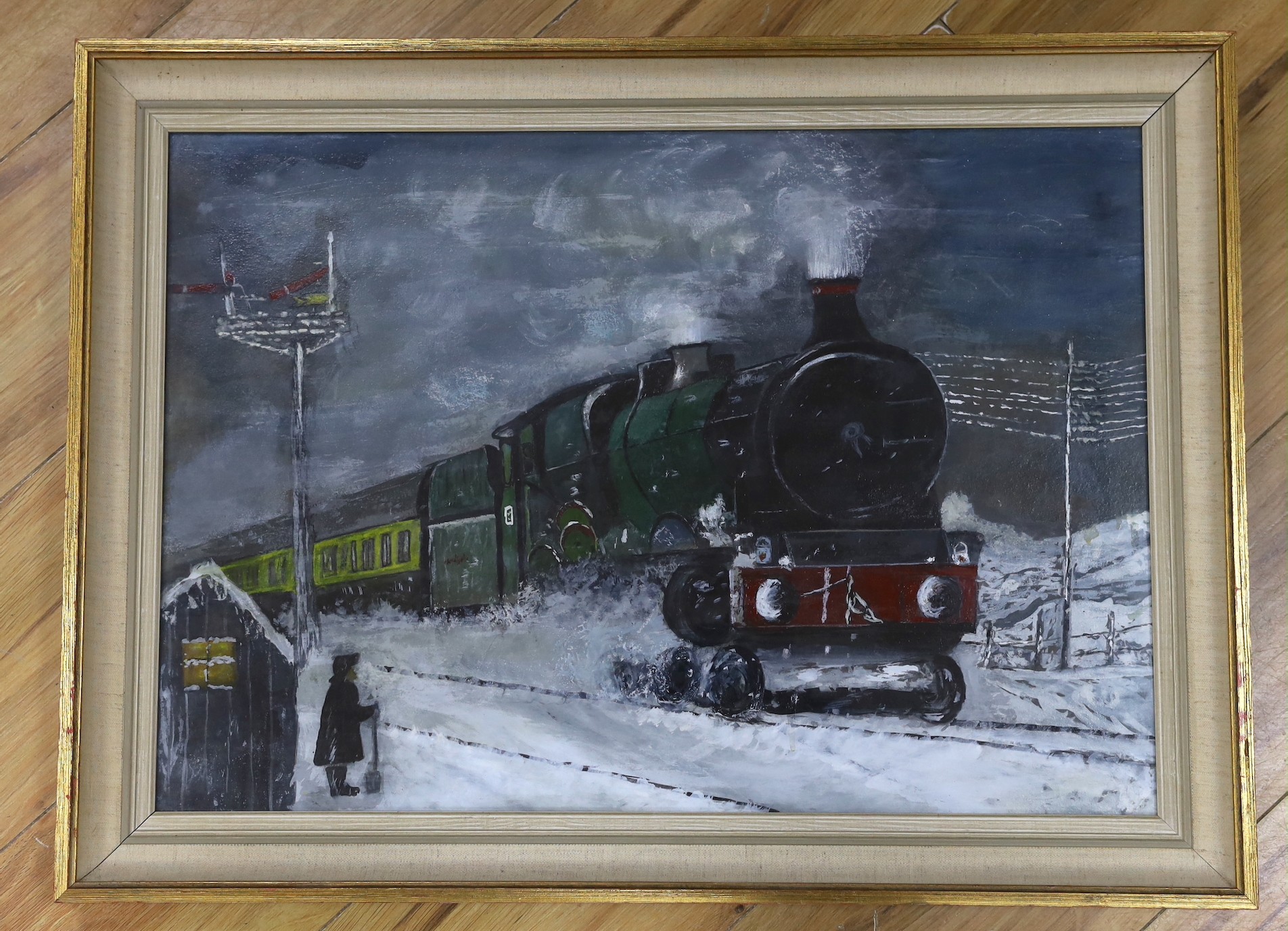 Modern British, oil on canvas, a train passing through the winter snow, 40 x 57cm